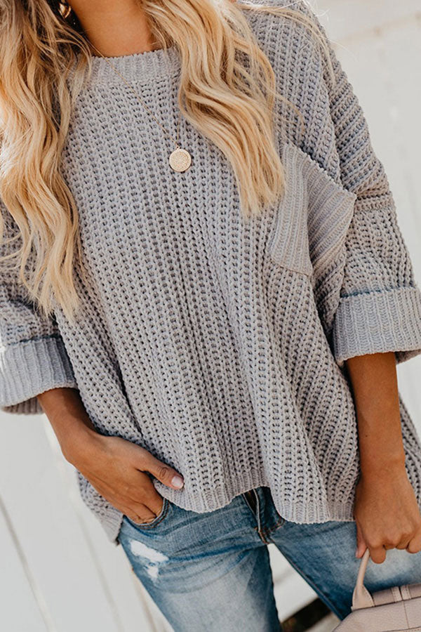 Casual Long Sleeve Boat Neck Plain Sweater Grey