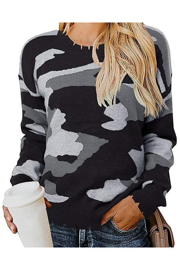 Distressed Camouflage Print Pullover Sweater Black