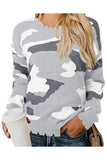 Women's Round Neck Camo Print Distressed Sweater Light Grey