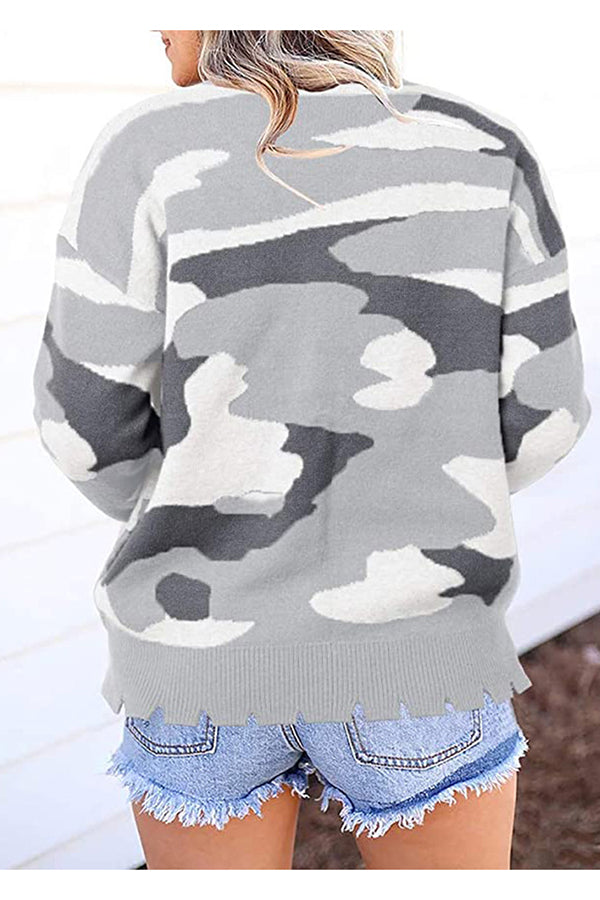 Women's Round Neck Camo Print Distressed Sweater Light Grey