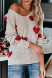 V Neck Raglan Sleeve Heart Print Casual Sweater Apricot