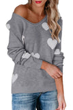 Heart Print V Neck Pullover Lightweight Sweater Grey