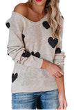 Long Sleeve Heart Print Lightweight Knit Sweater Khaki