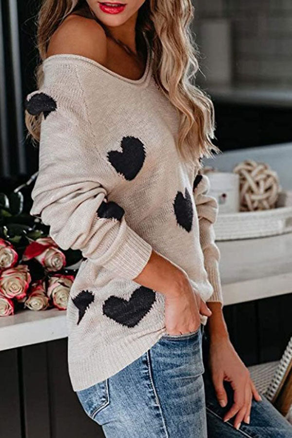 Long Sleeve Heart Print Lightweight Knit Sweater Khaki