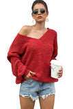 Puff Sleeve Oversized Plain V Neck Sweater Red