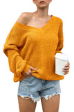 Solid Lace Up Back Pullover V Neck Sweater Yellow