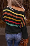 Off Shoulder Striped Block Knit Sweater Black