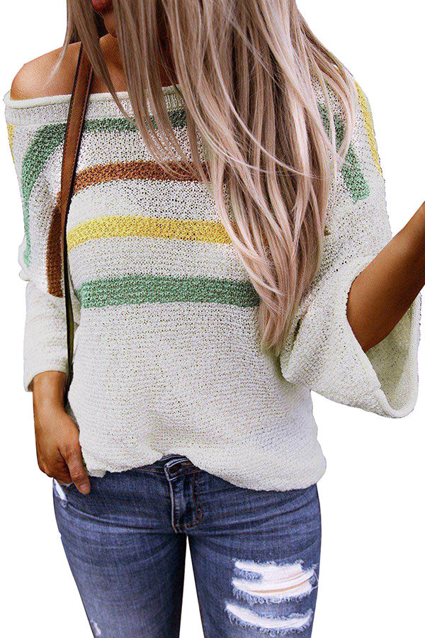 Casual Long Sleeve Striped Knit Sweater White