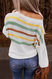 Casual Long Sleeve Striped Knit Sweater White