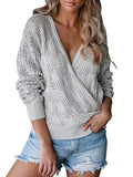 Long Sleeve Wrap Neck Crochet Casual Solid Sweater