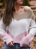 Casual Color Block Long Sleeve V Neck Sweater