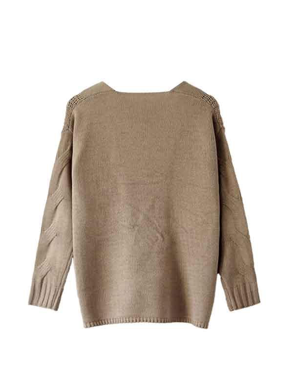 V Neck Long Sleeve Cable Knit Plain Sweater