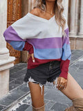 Casual V Neck One Shoulder Color Block Womens Sweater