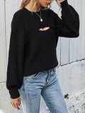 Balloon Sleeves Solid Cut Out Front Knit Sweater