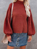 High Neck Lantern Sleeve Rib Knit Sweater Women