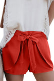 Ruffle Tie Front Elastic Waist Plain Casual Shorts Berry Red