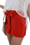 Ruffle Tie Front Elastic Waist Plain Casual Shorts Berry Red