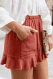 Plus Size Solid Ruffle High Waisted Casual Shorts With Pocket