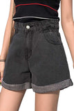 Women's Retro High Waisted Cuffed Denim Shorts With Pocket
