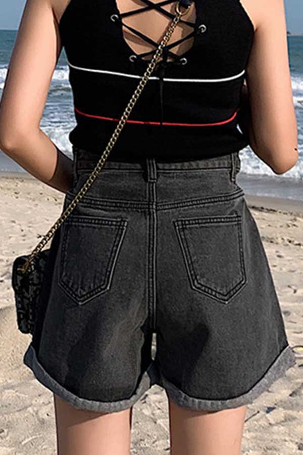 Women's High Waisted Cuffed Denim Shorts With Pocket