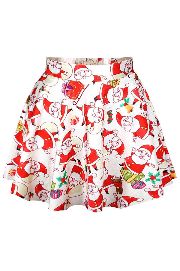 Red Womens Ugly Santa Claus Printed Cute Christmas Pleated Skirt