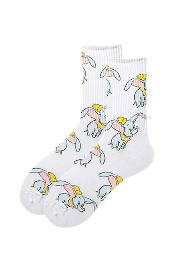 Women's Cute Dumbo Print Funny Crew Socks White
