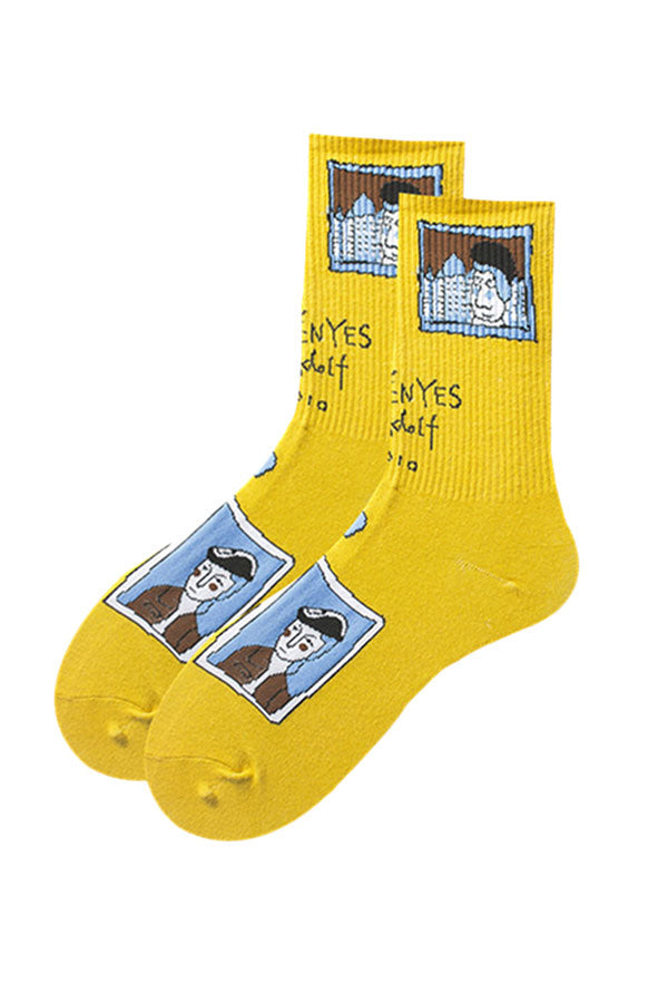 Funny Print Warm Crew Socks For Women Yellow