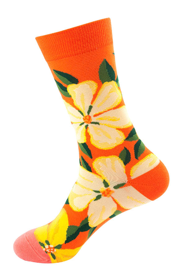 Novelty Floral Print Funny Casual Crew Socks Tangerine