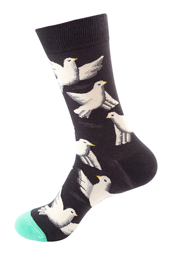 Women's Cute Bird Print Casual Cotton Crew Socks Black