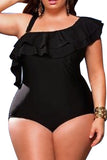 Black Ruffle One Shoulder Plus Size Monokinis Swimwear
