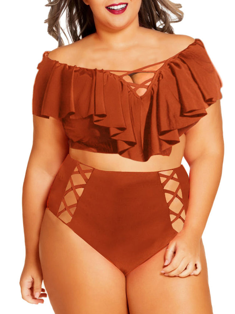 Women's Plus Size Ruffle Two Piece High Waisted Swimsuit