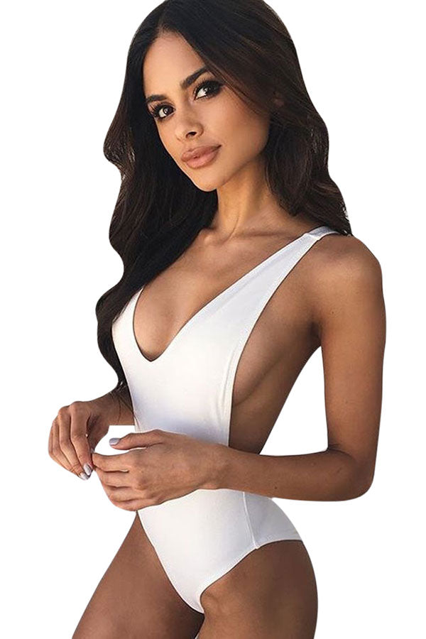 Womens Sexy Backless Deep V-neck One Piece Swimsuit White