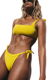 Square Neck Plain High Cut String Bikini Set Yellow