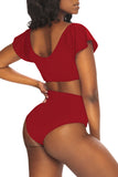 Tie Front Cape Sleeve High Waisted Bikini Set Red