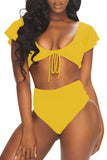 Cape Sleeve Plain High Waisted Bikini Set Yellow