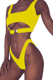 Square Neck Cut Out Top&High Cut Bottoms Plain Bikini Set Yellow
