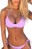 V Neck Straps Halter Top&High Cut Bottoms Tie String Bikini Purple