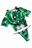 Crew Neck Short Sleeve Tie Front Leaf Print High Cut Tankini Green
