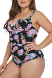 Women's Tiger Floral Print Pleated Plus Size One Piece Swimsuit