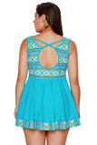 Plus Size V Neck Backless Geometrical Print Swim Dress With Shorts Blue