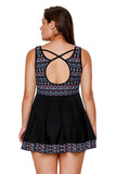 Plus Size V Neck Backless Geometrical Print Swim Dress With Shorts Black