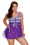Plus Size V Neck Backless Geometrical Print Swim Dress With Shorts Purple