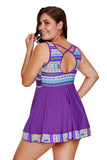 Plus Size V Neck Backless Geometrical Print Swim Dress With Shorts Purple