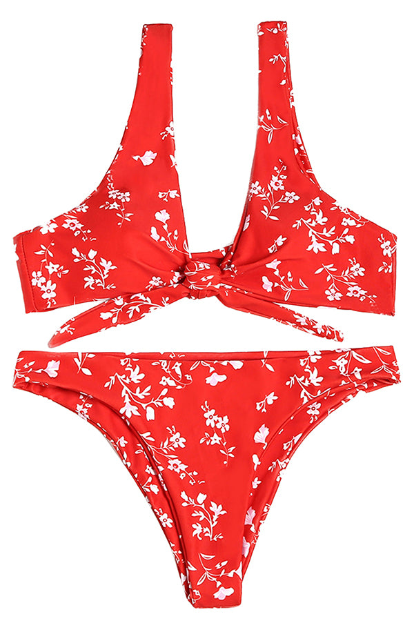 Scoop Neck Tie Front Floral Print High Cut Bikini Set Red