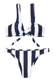 Scoop Neck Tie Front Striped Print High Cut Bikini Set Navy Blue