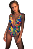 Deep V Neck Backless Floral Print High Cut One Piece Swimsuit