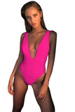 Deep V Neck Backless Plain High Cut One Piece Swimsuit Rose Red