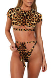 Sports Style Tie Cut Out Leopard Print High Cut Two-Piece Swimsuit Brown