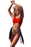 Scoop Neck Fringe Cut Out Leopard Print High Cut One Piece Swimsuit Red