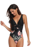 V Neck Belted Floral Print Pleated One Piece Swimsuit Black